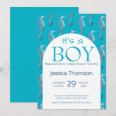 Het is een BOY Blue Seahorse Baby shower Invitatio Kaart (Voorkant / Achterkant)