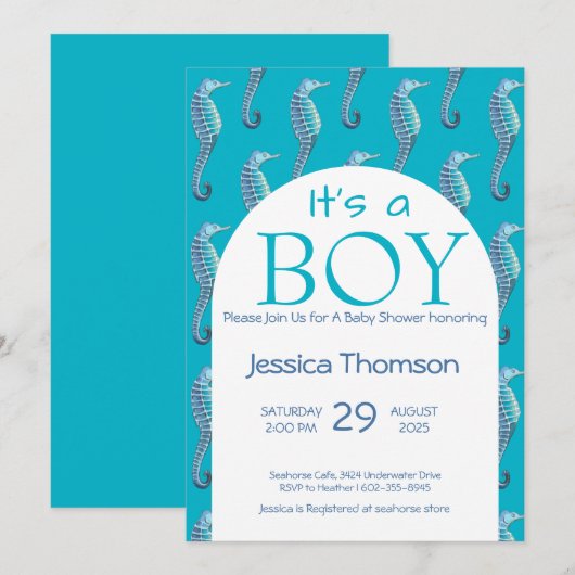 Het is een BOY Blue Seahorse Baby shower Invitatio Kaart (Voorkant / Achterkant)