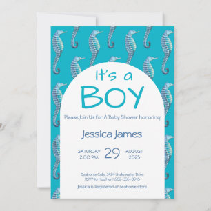 Het is een BOY Blue Seahorse Baby shower Invitatio Kaart