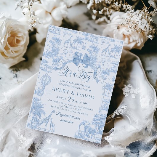 Het is een Boy Blue Toile Safari Animal Baby showe Kaart