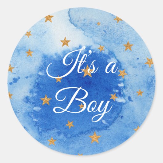 Het is een Boy -Blue Waterverf met sterren Ronde Sticker (Voorkant)