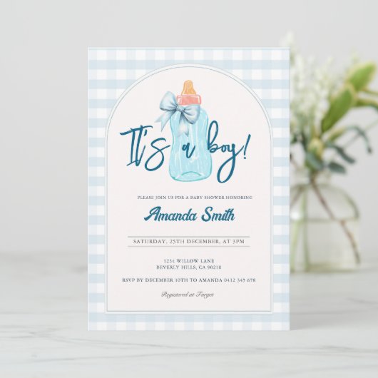 Het is een Boy Bottles Baby shower Invitation Kaart (Staand voorkant)