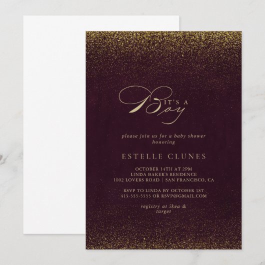 Het is een Boy Bourgondië Gold Glitter Baby shower Kaart (Voorkant / Achterkant)
