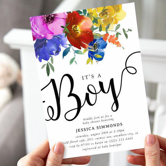 Het is een Boy Bright & Bold Florals Baby shower Kaart