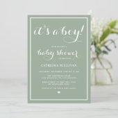 Het is een Boy Calligraphy Sage Green Baby shower Kaart (Staand voorkant)