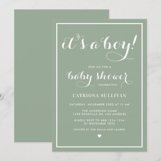 Het is een Boy Calligraphy Sage Green Baby shower Kaart (Voorkant / Achterkant)