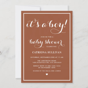 Het is een Boy Calligraphy Terracotta Baby shower Kaart