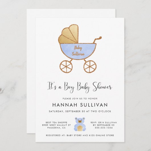 Het is een Boy Carriage Blue Gold Waterverf Shower Kaart (Voorkant / Achterkant)