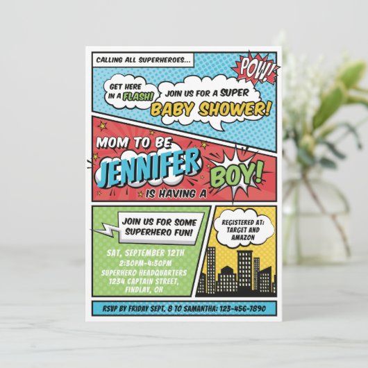 Het is een Boy Comic Book Superhero-Baby shower Kaart (Staand voorkant)