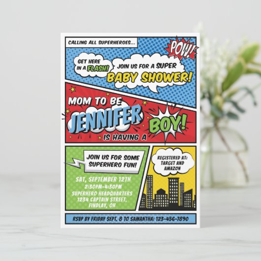 Het is een Boy Comic Book Superhero-Baby shower Kaart (Staand voorkant)