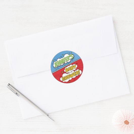 Het is een Boy Comic Book Superhero-Baby shower Ronde Sticker (Envelop)