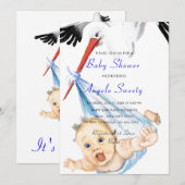 Het is een Boy Cute Stork Baby Boy Shower Uitnodig (Voorkant / Achterkant)