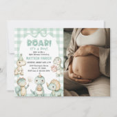 Het is een Boy Dinosaur Gingham Baby shower Foto Kaart (Voorkant)