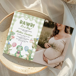 Het is een Boy Dinosaur Gingham Baby shower Foto Kaart