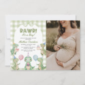 Het is een Boy Dinosaur Gingham Baby shower Foto Kaart (Voorkant)