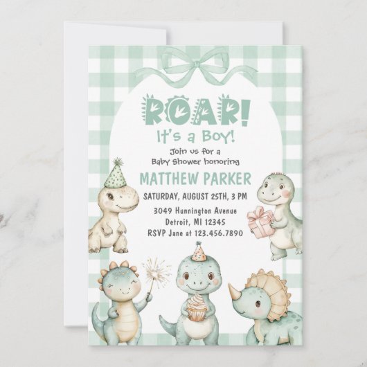 Het is een Boy Dinosaur Gingham Baby shower Kaart (Voorkant)