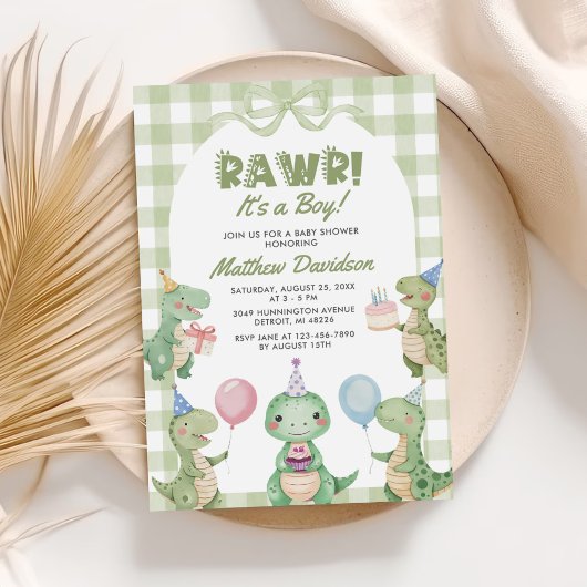 Het is een Boy Dinosaur Gingham Baby shower Kaart