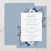 Het is een Boy Dusty Blue Elegant Floral Baby show Kaart (Voorkant / Achterkant)