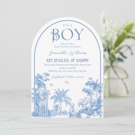 Het is een Boy Elegant Blue Toile Safari Baby show Kaart (Staand voorkant)