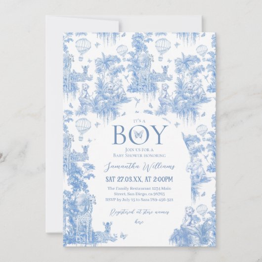 Het is een Boy Elegant Blue Toile Safari Baby show Kaart (Voorkant)