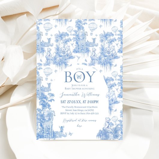 Het is een Boy Elegant Blue Toile Safari Baby show Kaart