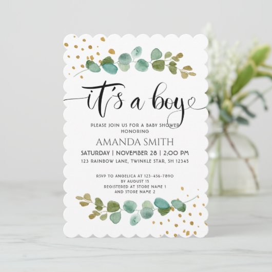 Het is een Boy Elegant Boy Eucalyptus Baby shower Kaart (Staand voorkant)