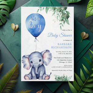Het is een Boy Elephant Balloon Blue Baby shower Kaart