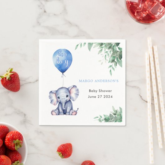 Het is een Boy Elephant Balloon Blue Baby shower Servet (Insitu)