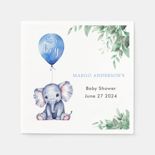 Het is een Boy Elephant Balloon Blue Baby shower Servet (Voorkant)
