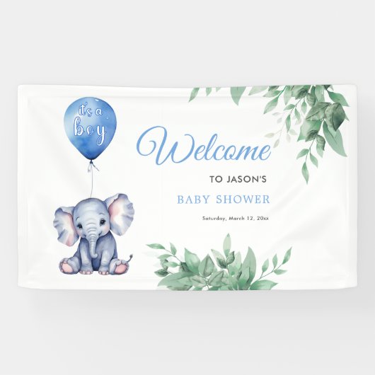 Het is een Boy Elephant Balloon Blue Baby shower Spandoek (Horizontaal)