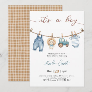 Het is een Boy Farmer Baby Clothesline Baby shower Kaart