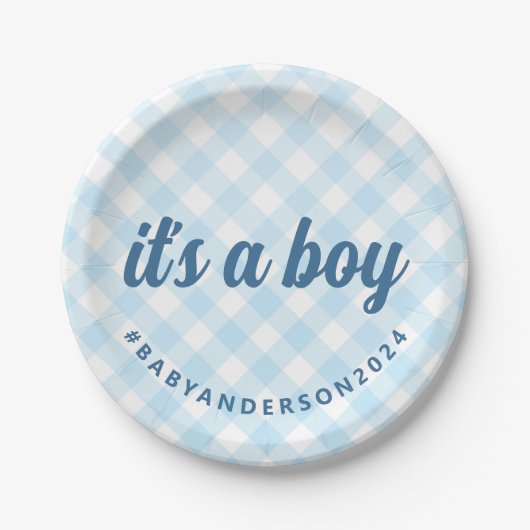 Het is een Boy Gingham Baby shower Papieren Bordje (Voorkant)