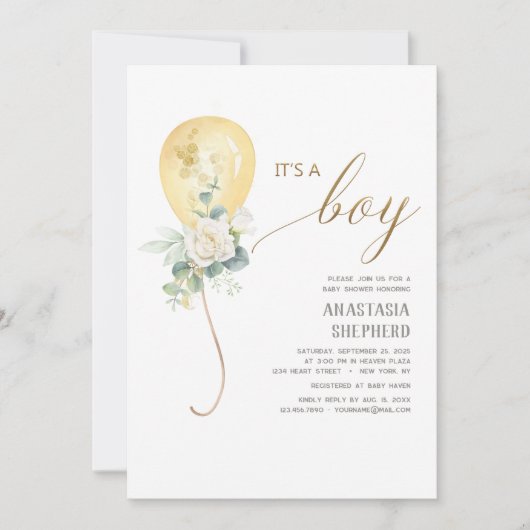 Het is een Boy Gold Balloon & Greenery Baby shower Kaart (Voorkant)