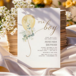 Het is een Boy Gold Balloon & Greenery Baby shower Kaart