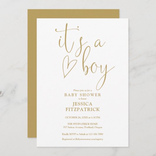 Het is een Boy Gold Script Heart Boy Baby shower Kaart (Voorkant / Achterkant)