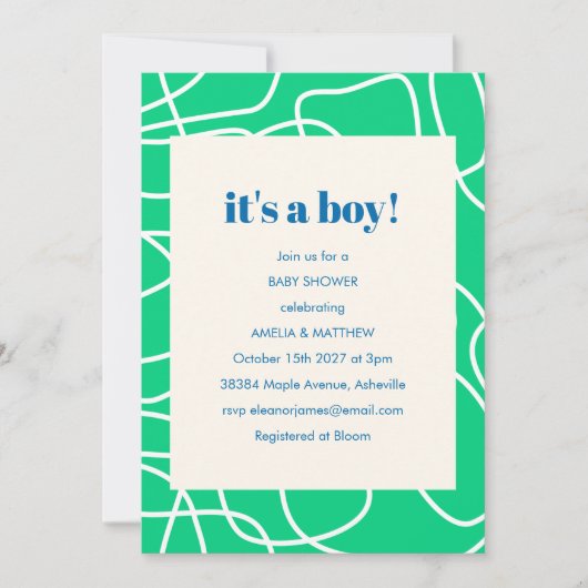 Het is een Boy Green Modern Line Art Baby shower Kaart (Voorkant)
