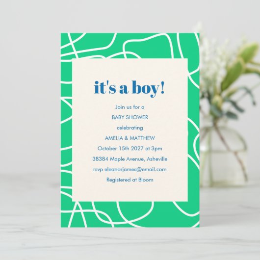 Het is een Boy Green Modern Line Art Baby shower Kaart (Staand voorkant)