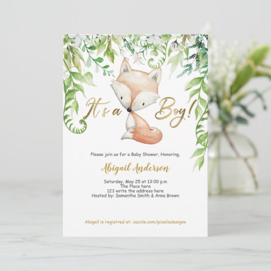 Het is een Boy, Greenery, Woodland Fox, Baby Boy S Kaart (Staand voorkant)