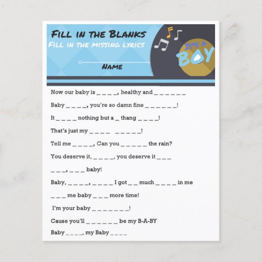Het is een BOY Hip Hop Baby shower Game Flyer (Voorkant)
