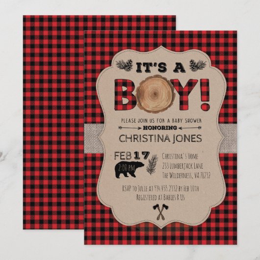 Het is een Boy Lumberjack Baby shower Invitation Kaart (Voorkant / Achterkant)