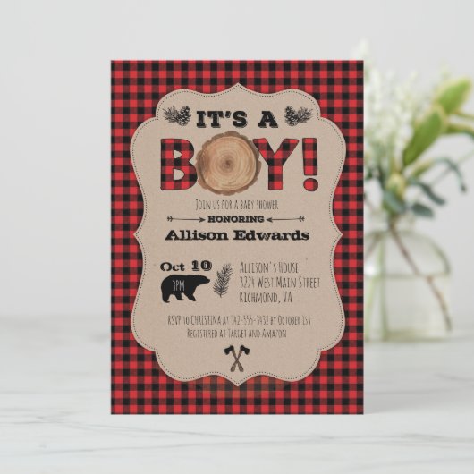 Het is een Boy Lumberjack Plaid Baby shower Invita Kaart (Staand voorkant)