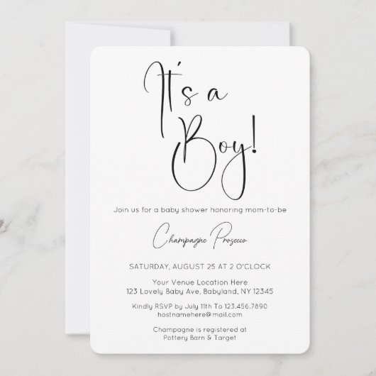 Het is een Boy Modern Script Baby shower Invitatio Kaart (Voorkant)