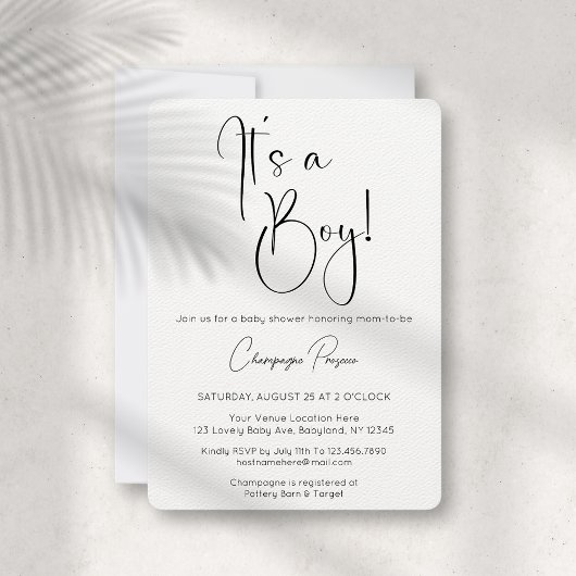 Het is een Boy Modern Script Baby shower Invitatio Kaart