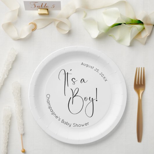 Het is een Boy Modern Script-Baby shower Papieren Bordje (Huwelijk)