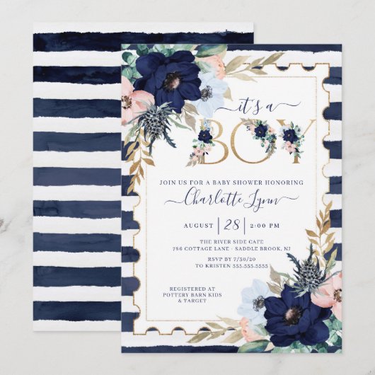 Het is een Boy Navy Blue & Blush Floral Baby showe Kaart (Voorkant / Achterkant)