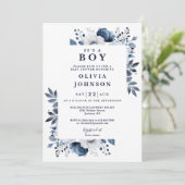 Het is een Boy Navy Blue Elegant Floral Baby showe Kaart (Staand voorkant)