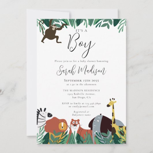 Het is een Boy Oerwoud Safari Animals Baby shower Kaart (Voorkant)