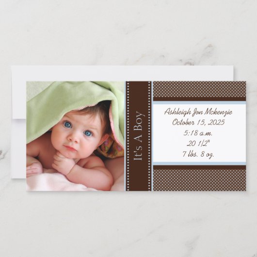 Het is een Boy-Photo Card Stats Deep Brown Blue St Aankondiging (Voorkant)