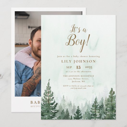 Het is een Boy Pine Tree Forest Baby shower foto Kaart (Voorkant / Achterkant)