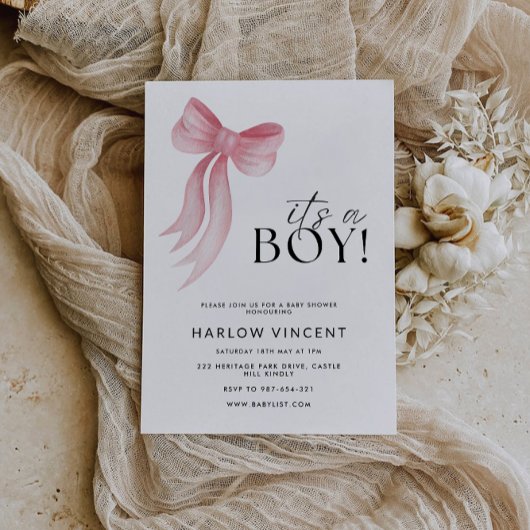 Het is een Boy Pink Bow Baby shower Kaart